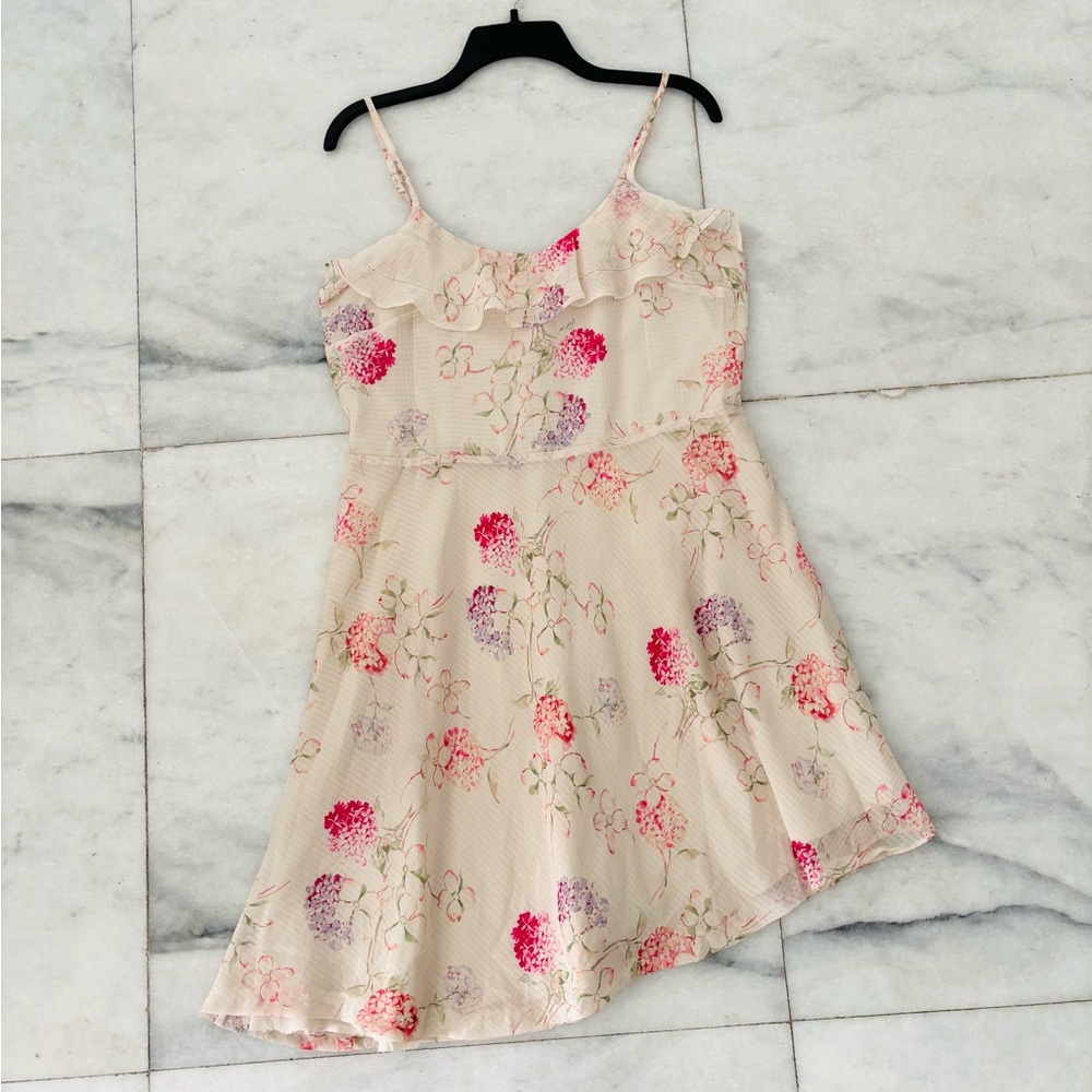 A New Day Dress Beige Colorful Floral Ruffle Chiffon Women M Boho Bloomcore